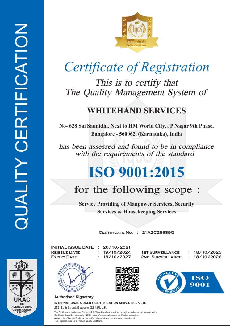 ISO 9001:2015 Certificate of Registration - Whitehand Services