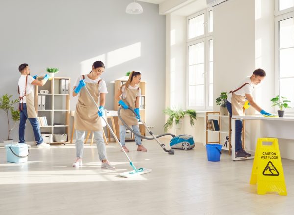 Happy,Smiling,Young,Cleaners,Men,And,Women,In,Uniform,Wiping